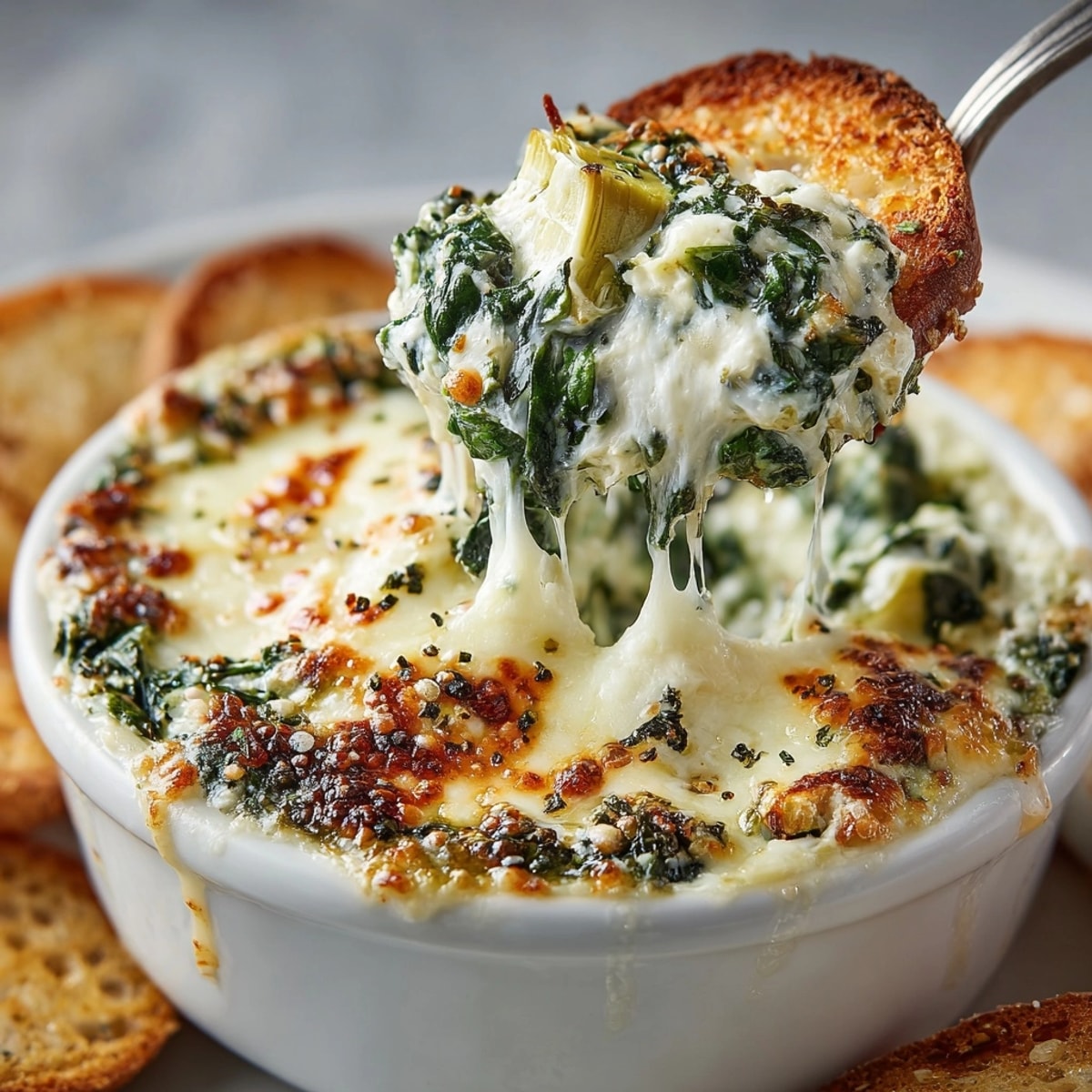 Creamy, bubbling Cheesy Spinach and Artichoke Dip, fresh from the oven, garnished with parsley.