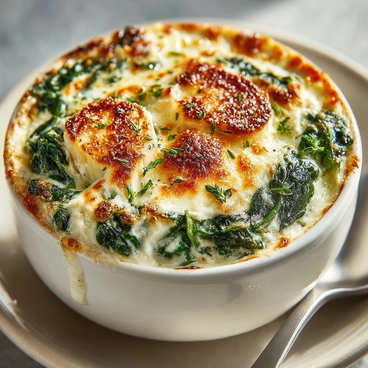 Hot, golden Cheesy Spinach and Artichoke Dip with crusty bread, ready to serve.