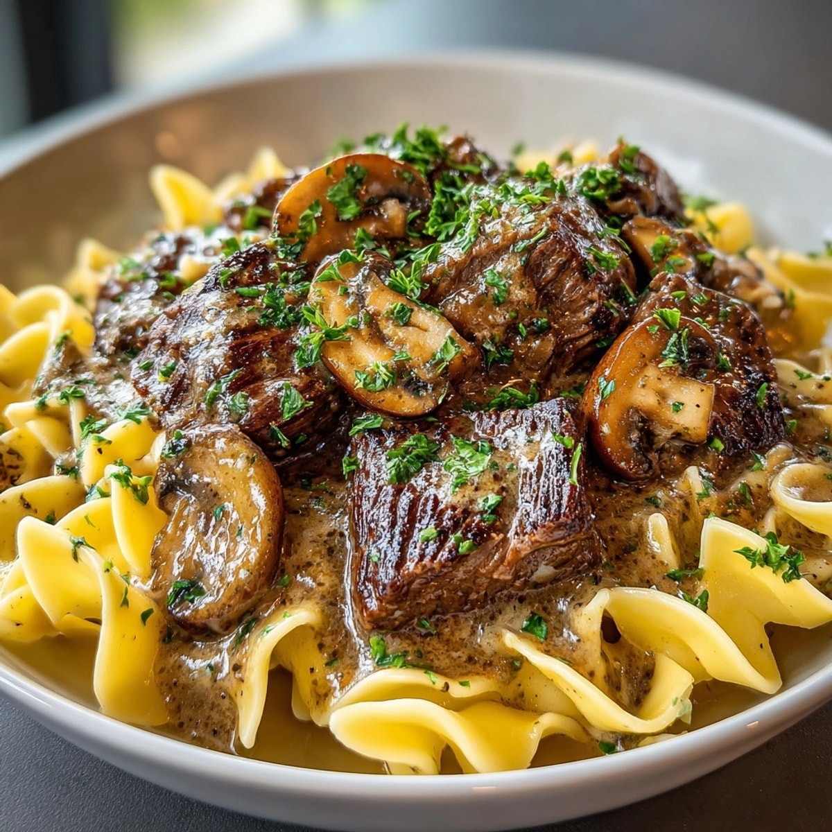 Tender beef stroganoff in the slow cooker; a comforting, flavorful family meal.