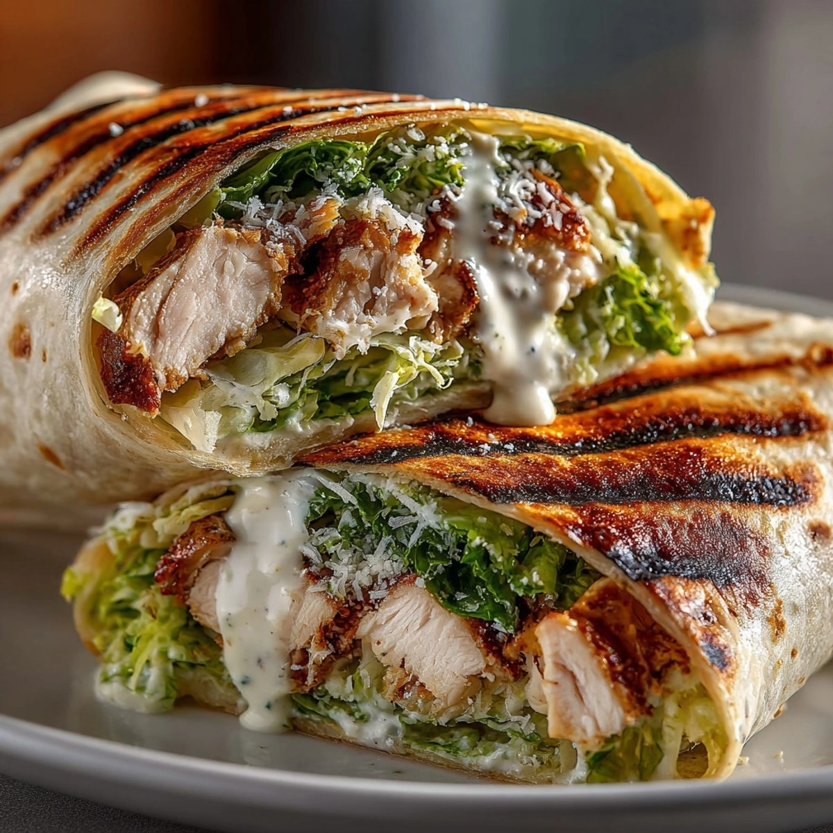 Golden chicken Caesar wraps, toasted in a pan, ready for savory lunch.