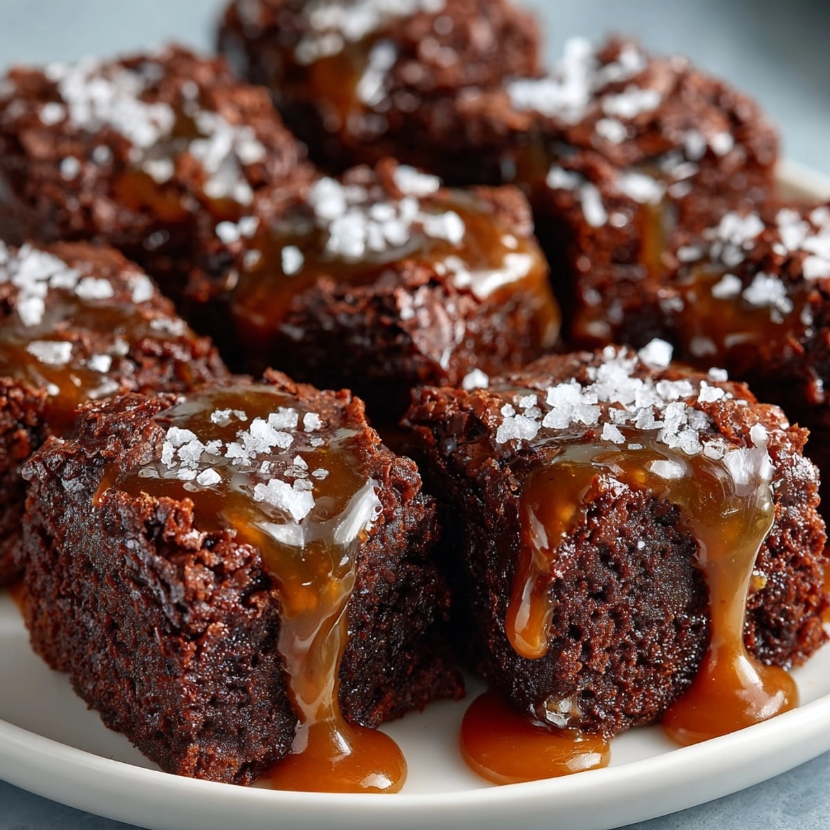 Rich Salted Caramel Brownie Bites texture; perfect for parties or a gourmet dessert plate.