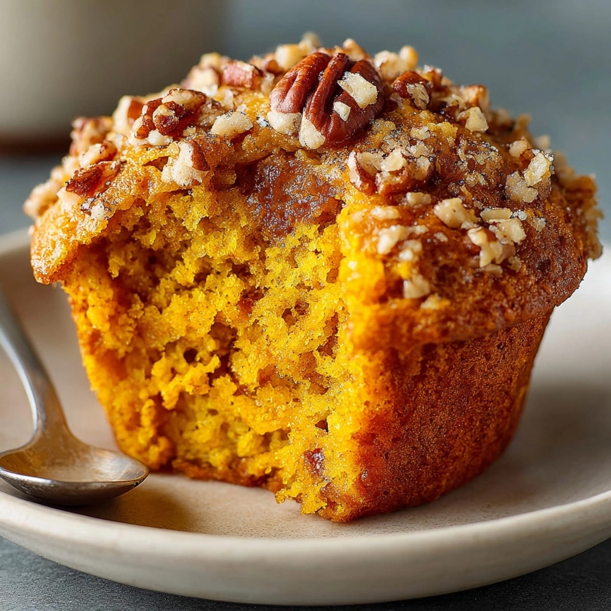 Warm, golden brown pumpkin spice muffins, fresh from the oven and deliciously fragrant.