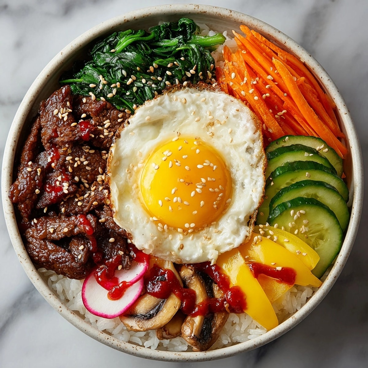 Savory Korean Beef Bibimbap Bowls, steaming and topped with a fried egg, served family-style.