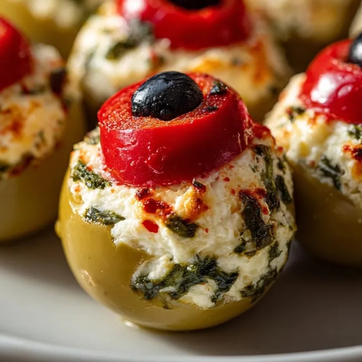 Close-up of spooky Eyeball Stuffed Olives; creamy, tangy, savory Halloween appetizer.