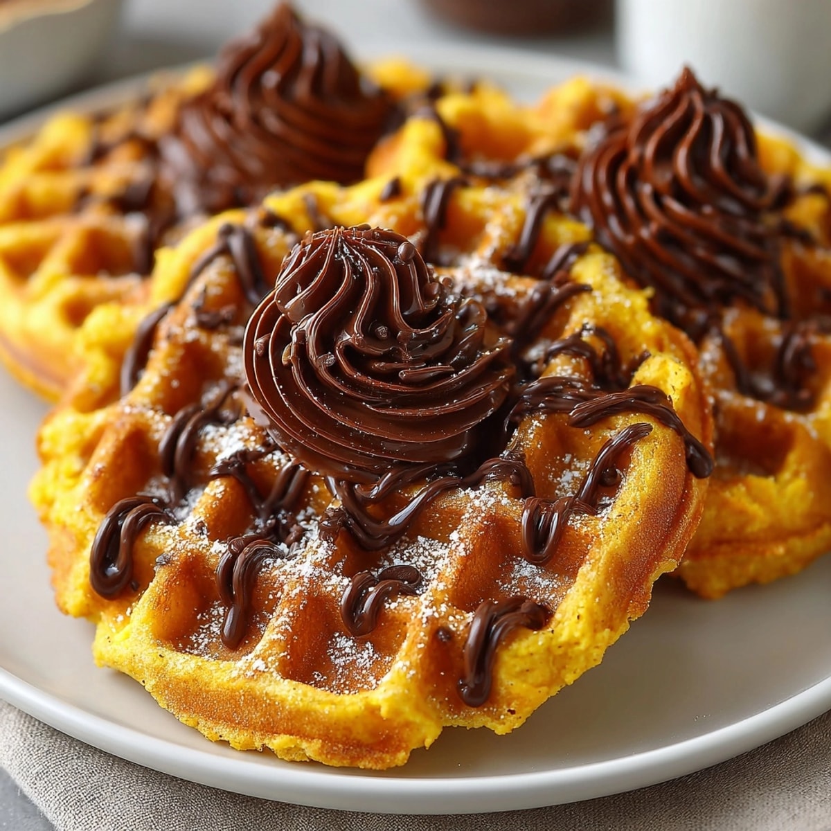 Golden pumpkin spice waffles drizzled with a dark chocolate web, ready to enjoy.