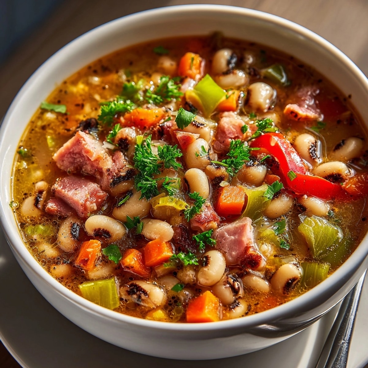 Warm, inviting bowl of lucky Black-Eyed Pea Stew, perfect for New Year's Day.