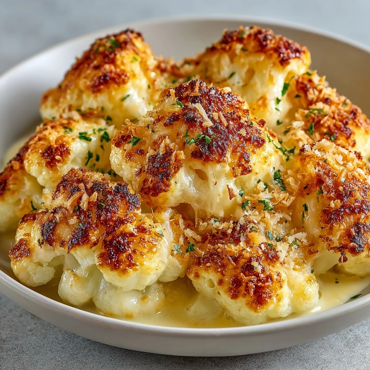 Creamy, bubbling Cheesy Cauliflower Gratin: tender cauliflower in a rich cheese sauce, baked golden brown.