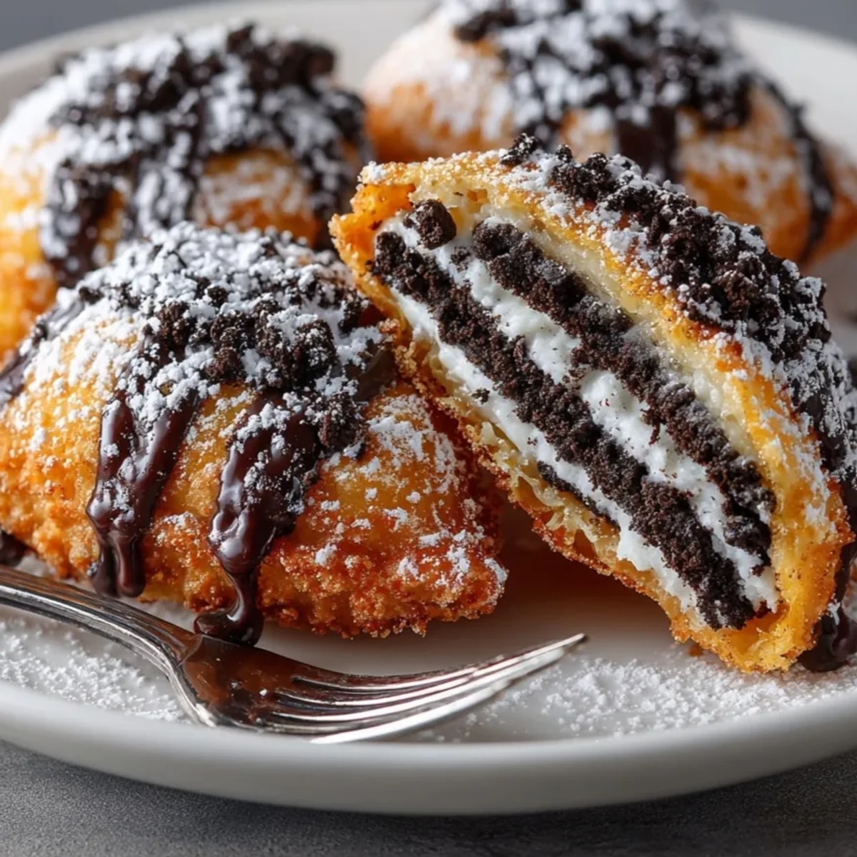 Golden brown Air Fryer Oreos dusted with powdered sugar, a quick dessert recipe.