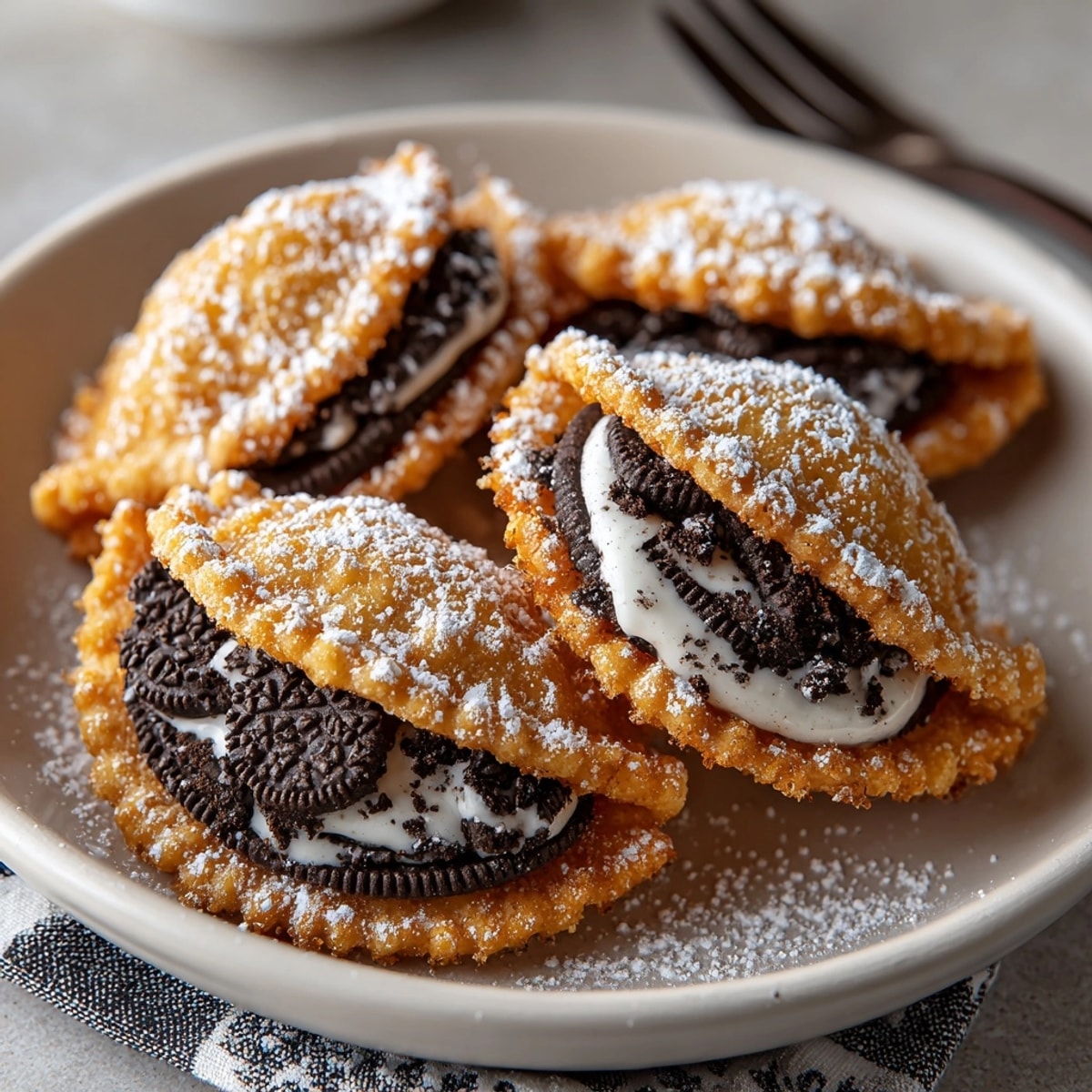 Warm, gooey Air Fryer Oreos with sweet cream filling melting; served hot.