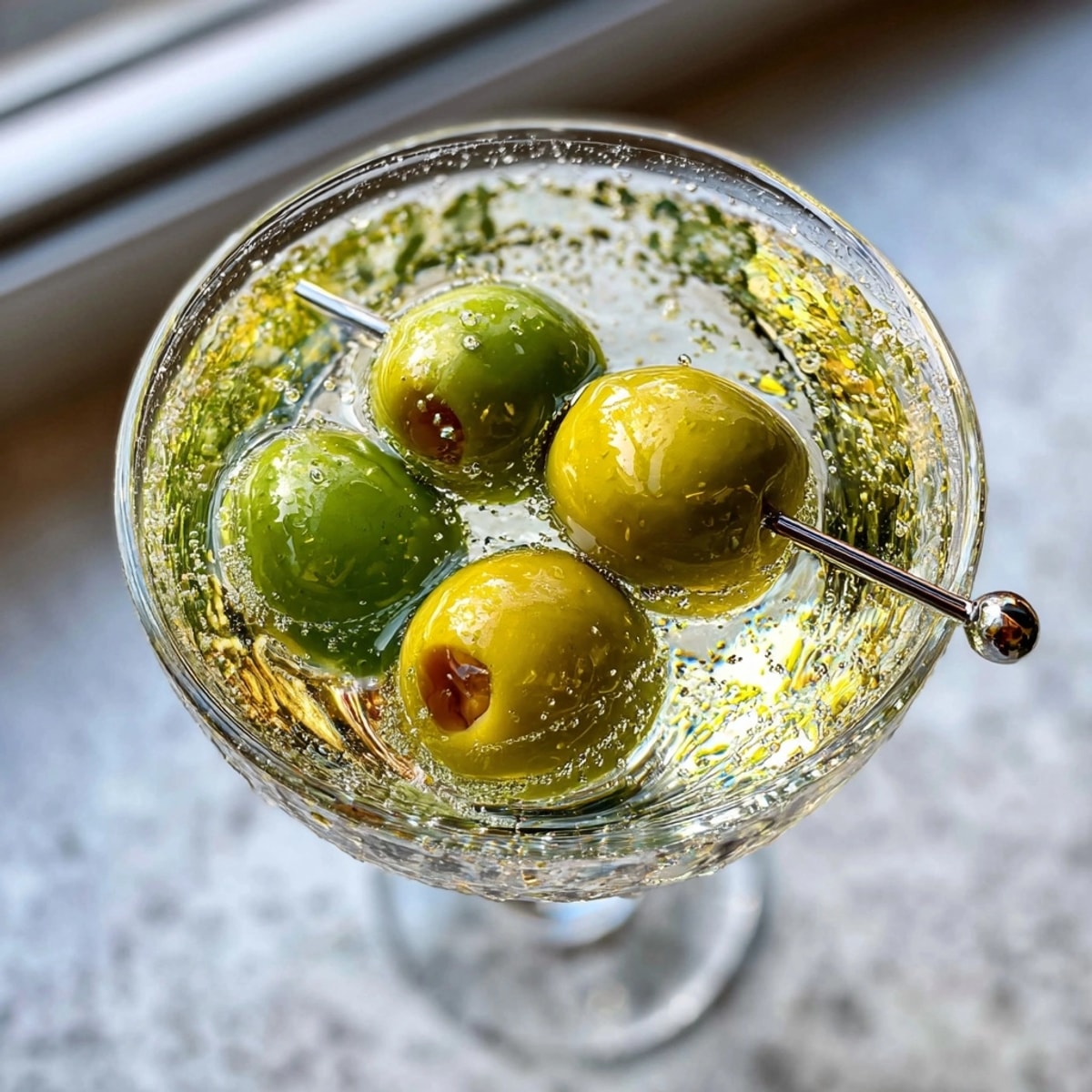 Icy cold Filthy Martini in a stemmed glass, garnished with briny green olives.