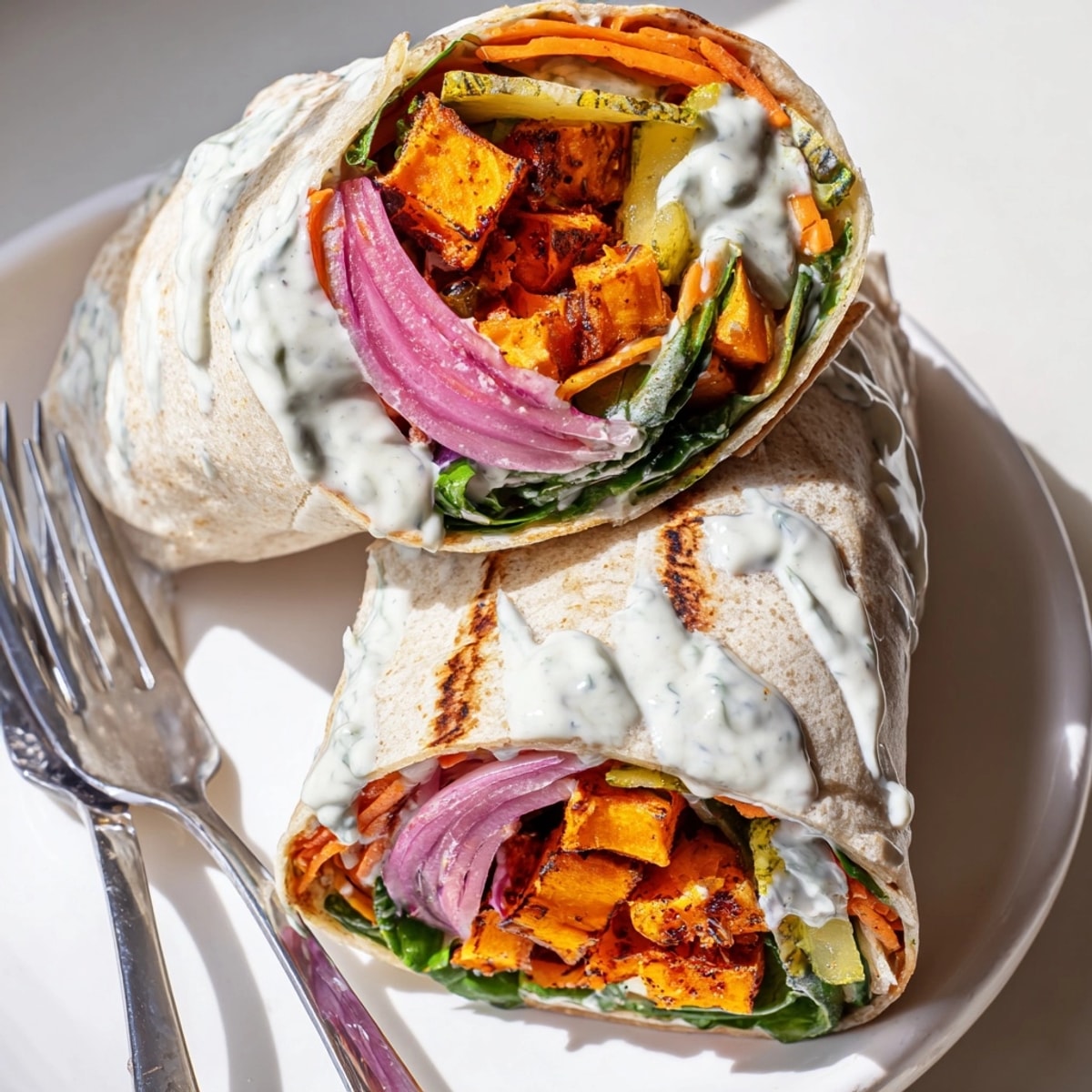 Close-up Sweet Potato & Pickle Chip Wraps: colorful roasted fillings bursting from a soft tortilla.