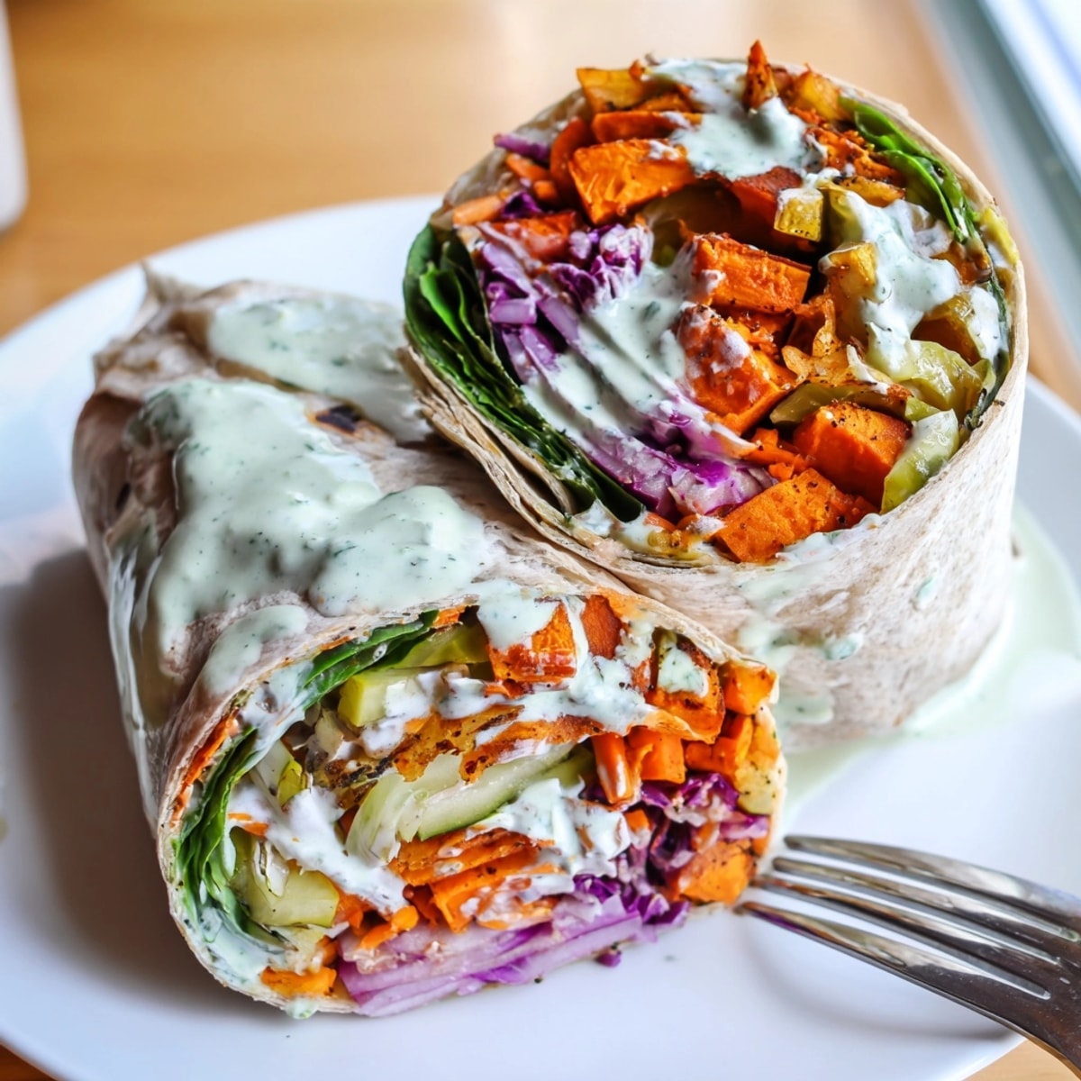 Make vibrant and flavorful Sweet Potato & Pickle Chip Wraps with greens, veggies, and creamy sauce.