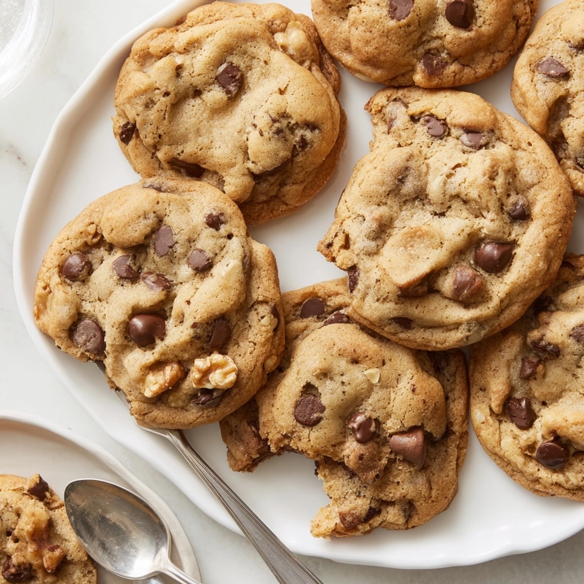 Golden brown chocolate chip cookies, fresh from oven, melting chips and soft texture.
