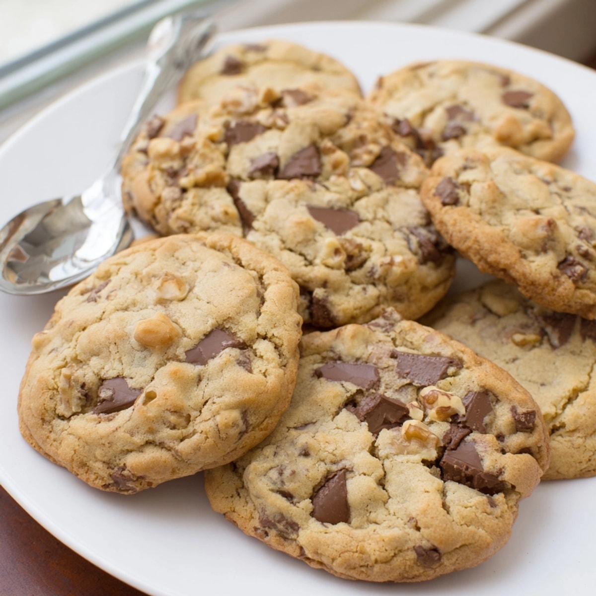 Stacked chocolate chip cookies: crisp edges, soft center, ready to enjoy with cold milk.