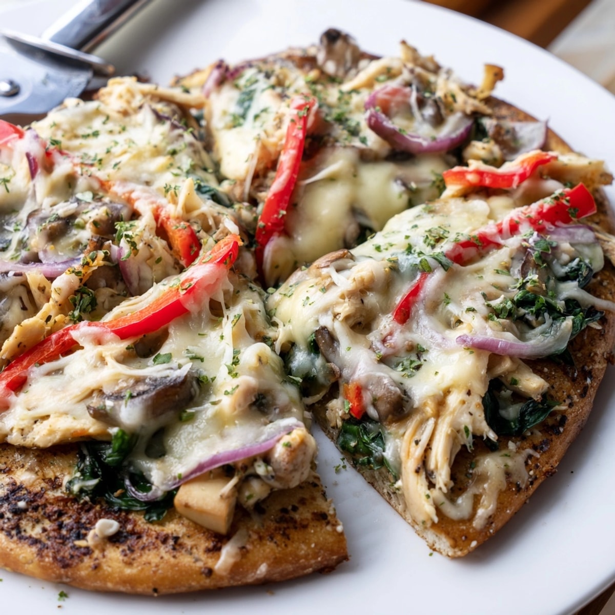 Close-up of Alfredo Chicken Veggie Pizza, creamy sauce bubbling over vibrant toppings.