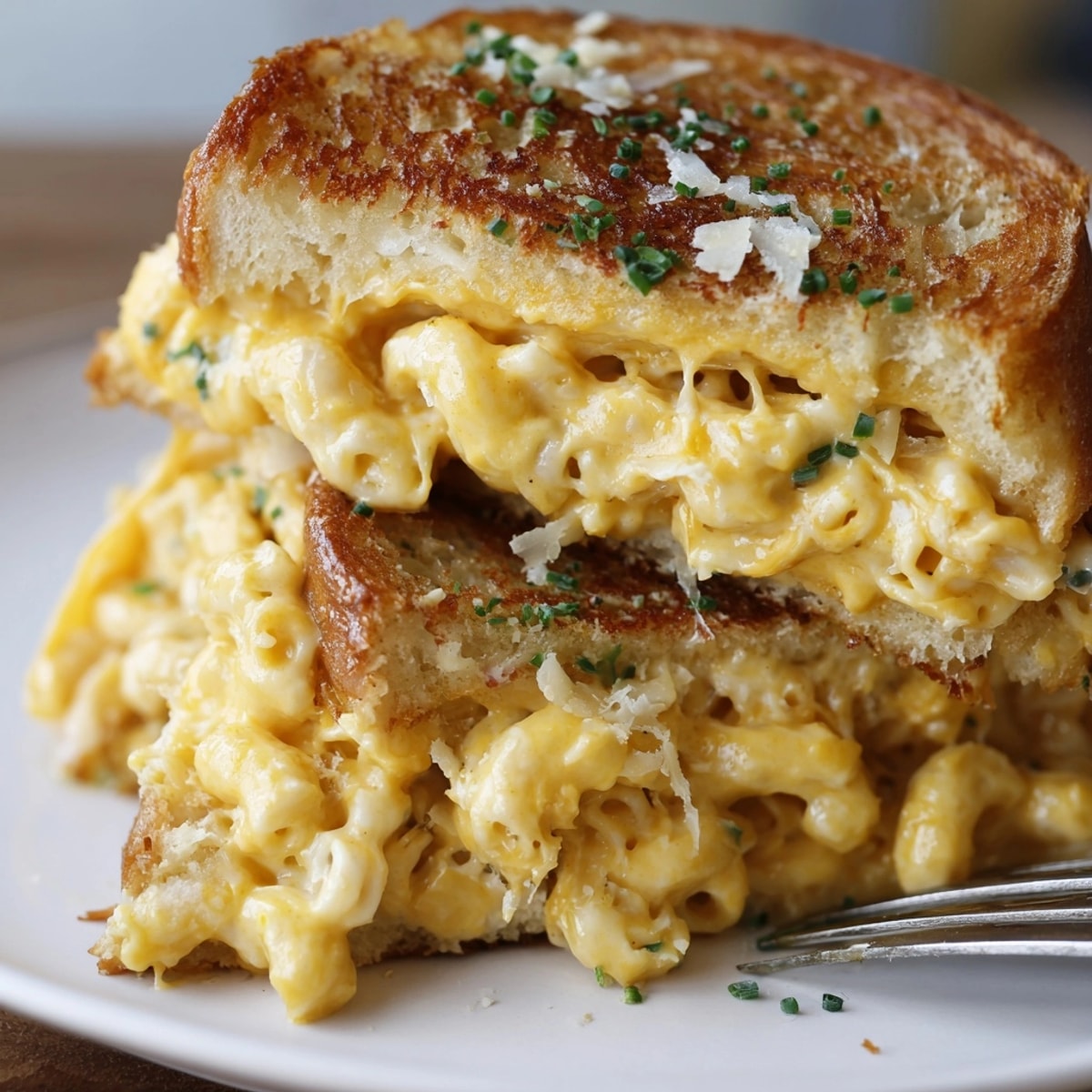 Golden brown Mac and Cheese Stuffed French Toast, oozing with cheesy goodness.