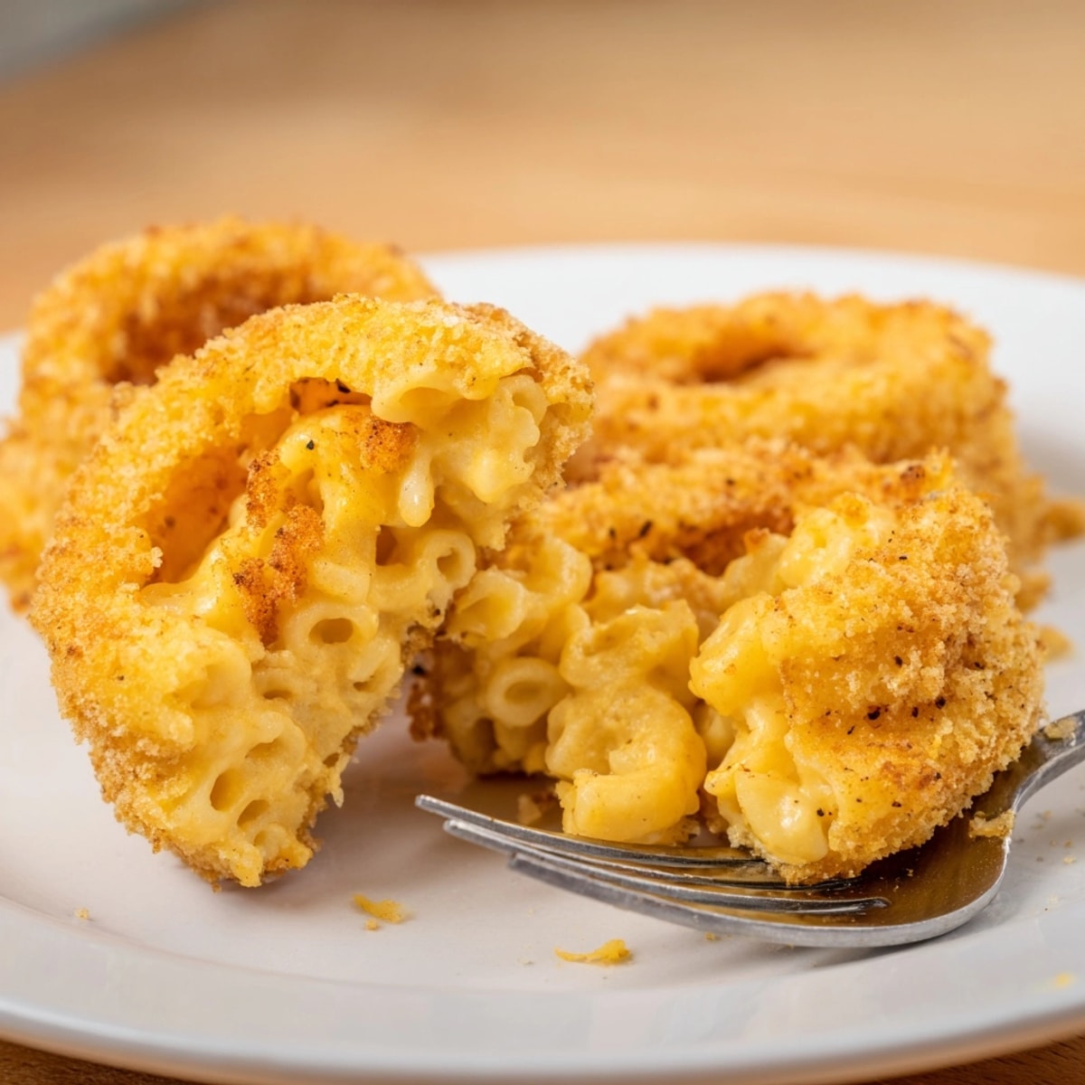 Golden fried mac and cheese stuffed onion rings, a crispy, cheesy comfort food dream.