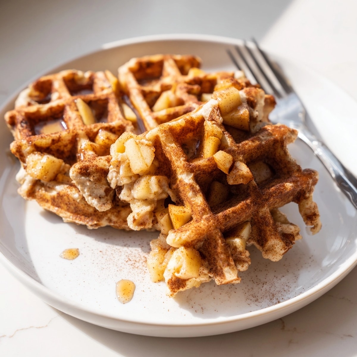 Stack of fluffy Cinnamon Apple Protein Waffles showing diced apples and cinnamon dusting.