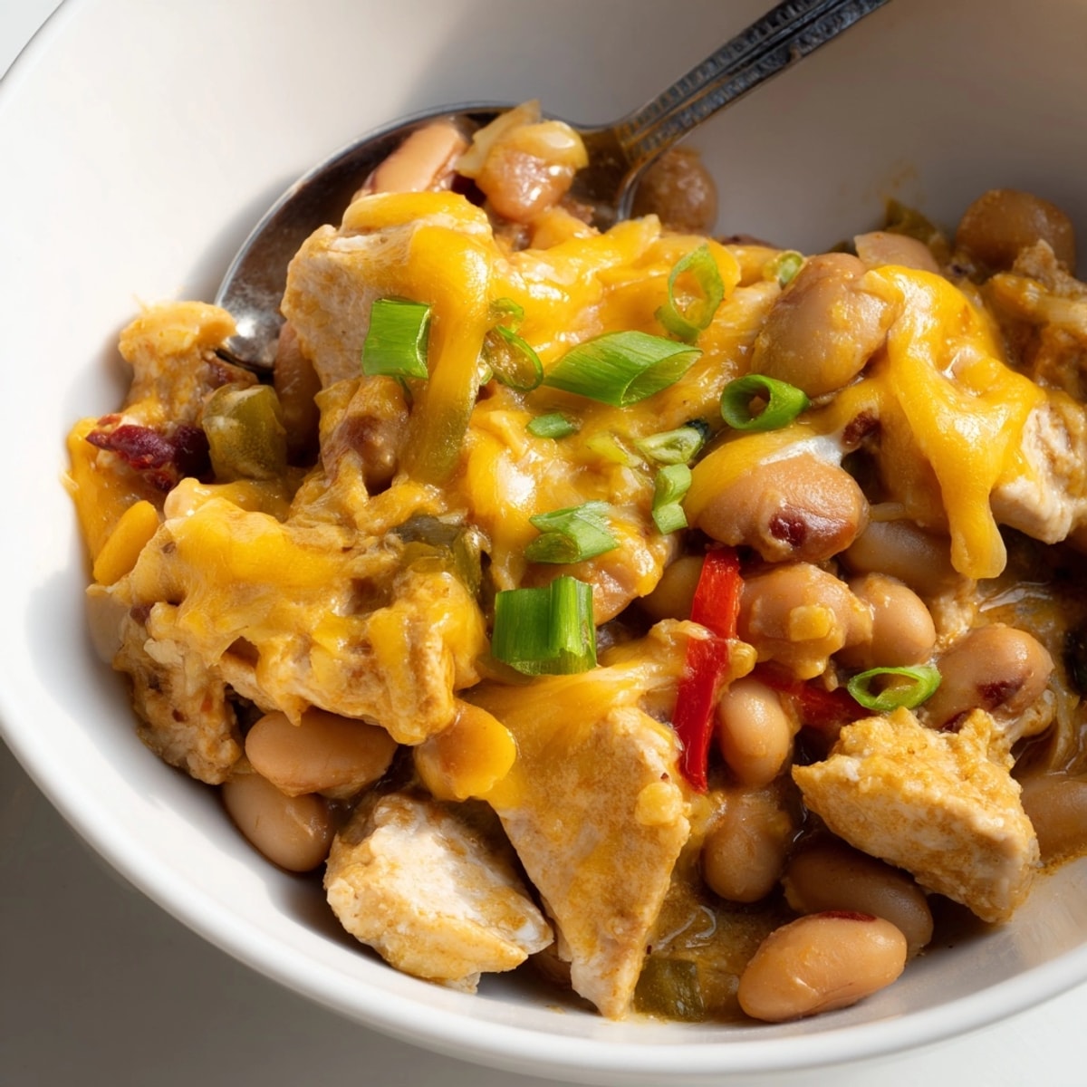 A skillet of homemade Cajun Chicken Cheddar Pintos, ready to be served with rice.