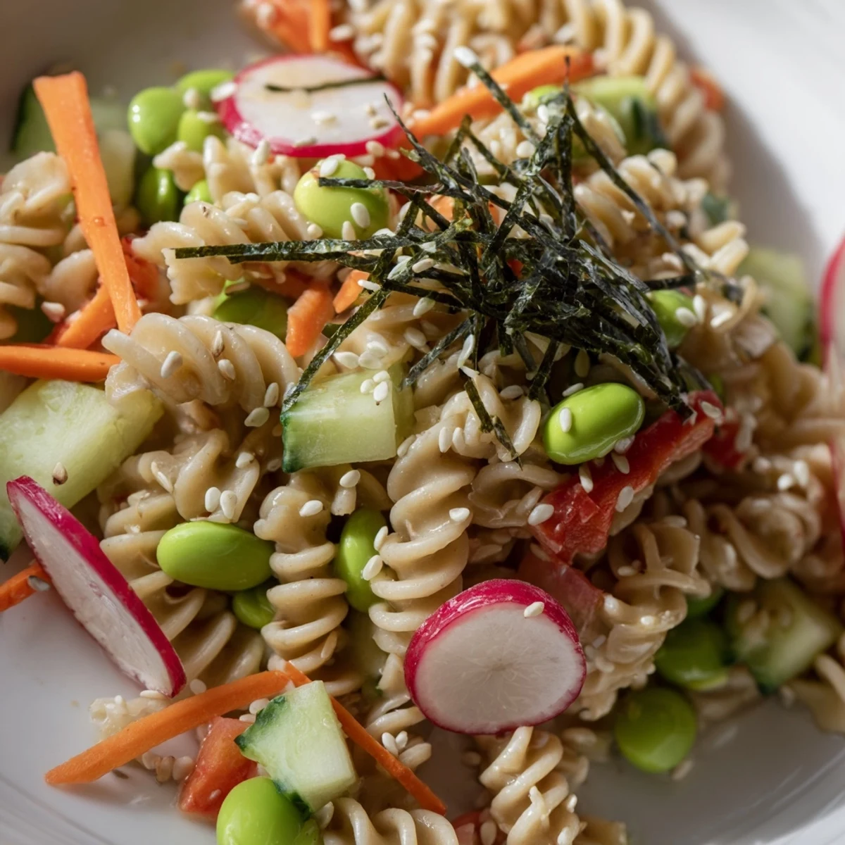 A colorful Japanese Miso Pasta Salad topped with vibrant vegetables and sesame seeds.  
