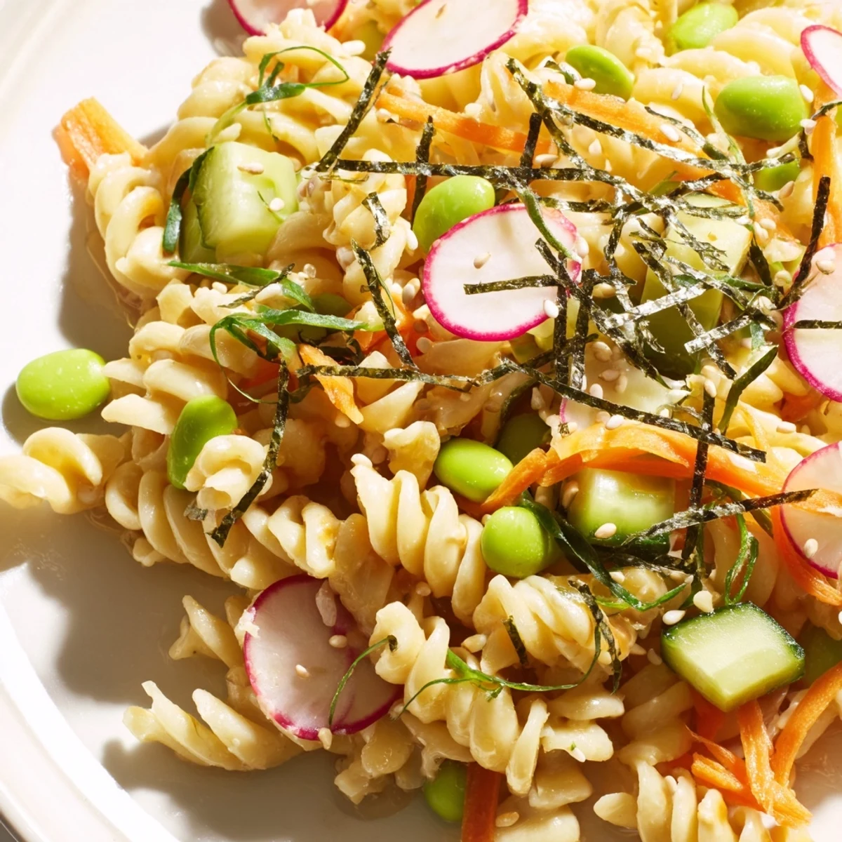 Savory Japanese Miso Pasta Salad with fresh veggies and a nutty miso dressing.