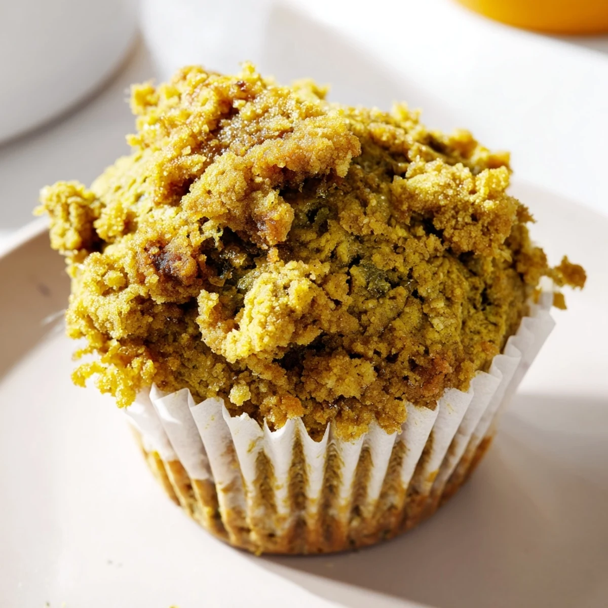 Moist Matcha Pumpkin Muffins with Streusel Topping, perfect for breakfast or snacks.  