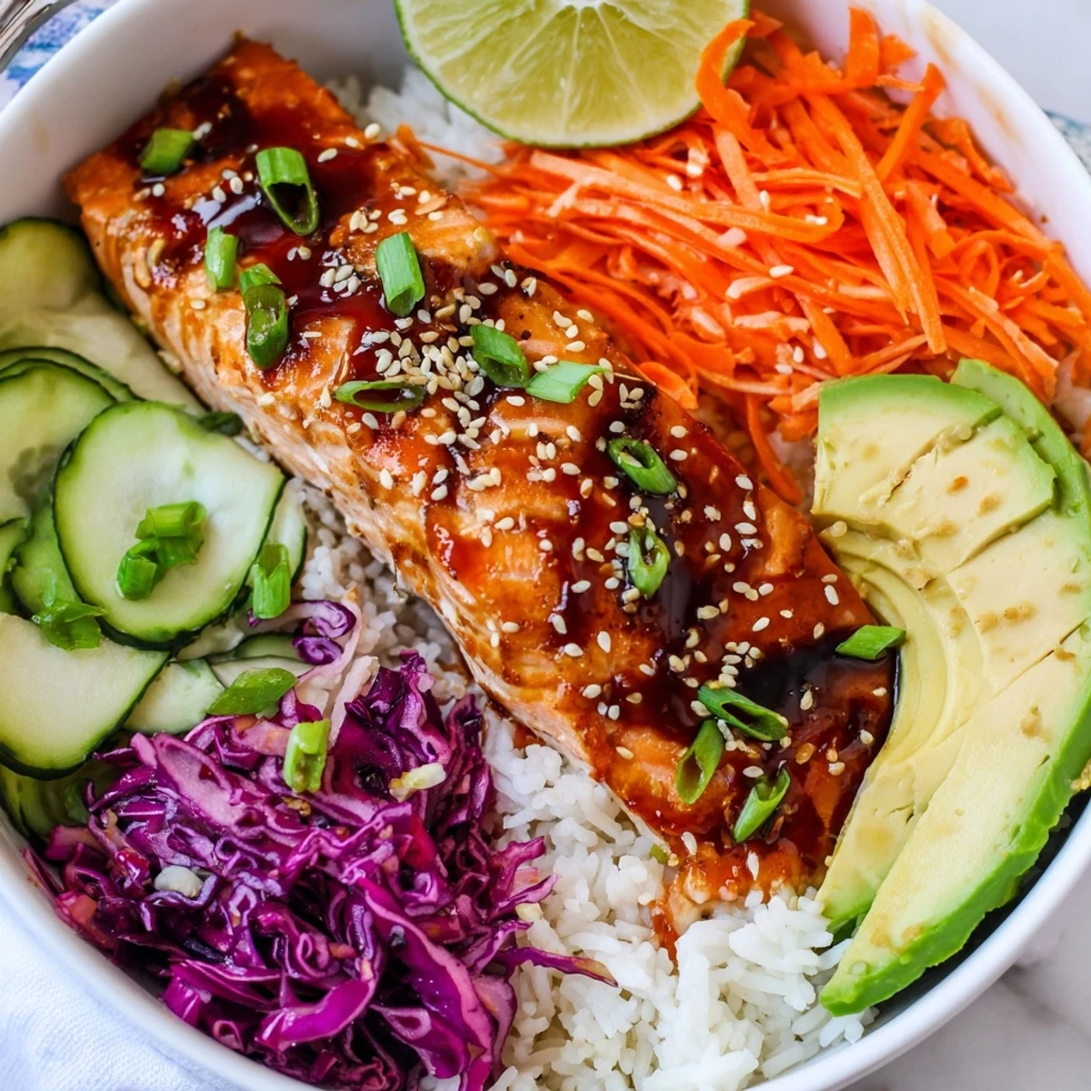 Savory soy-maple salmon rice bowls filled with vibrant veggies and fluffy rice.  