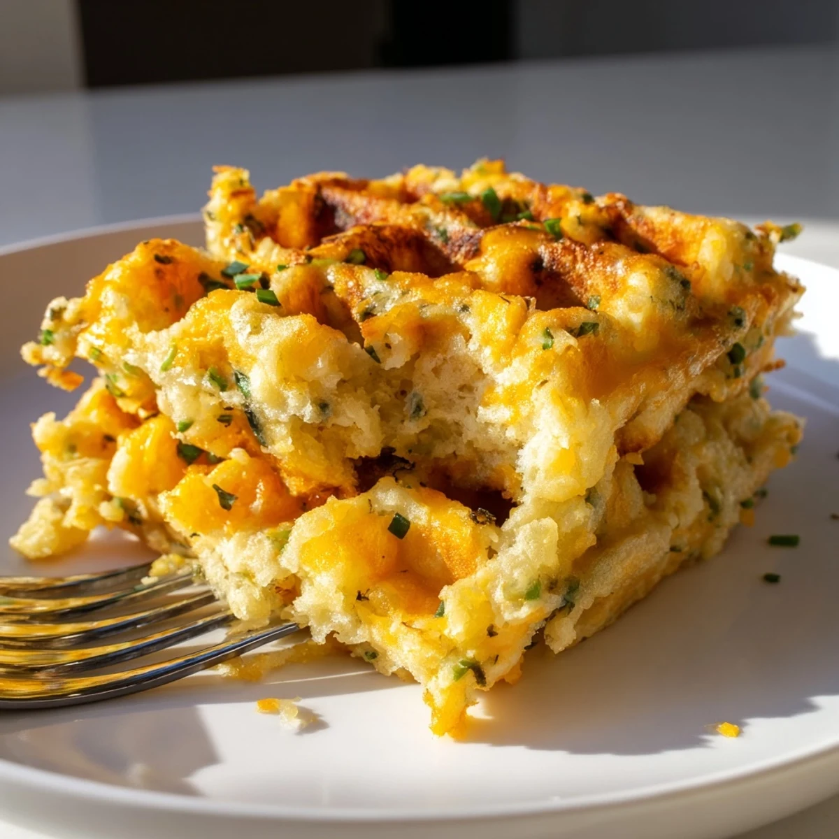 Fluffy Cheddar Jalapeño Biscuit Waffles topped with melted butter and fresh chives.  