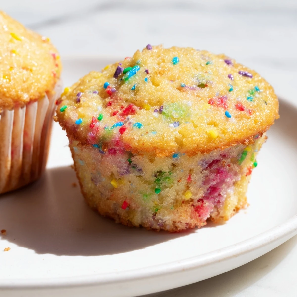 Warm, sweet Funfetti cornbread muffins topped with fresh sprinkles, perfect for any treat.  