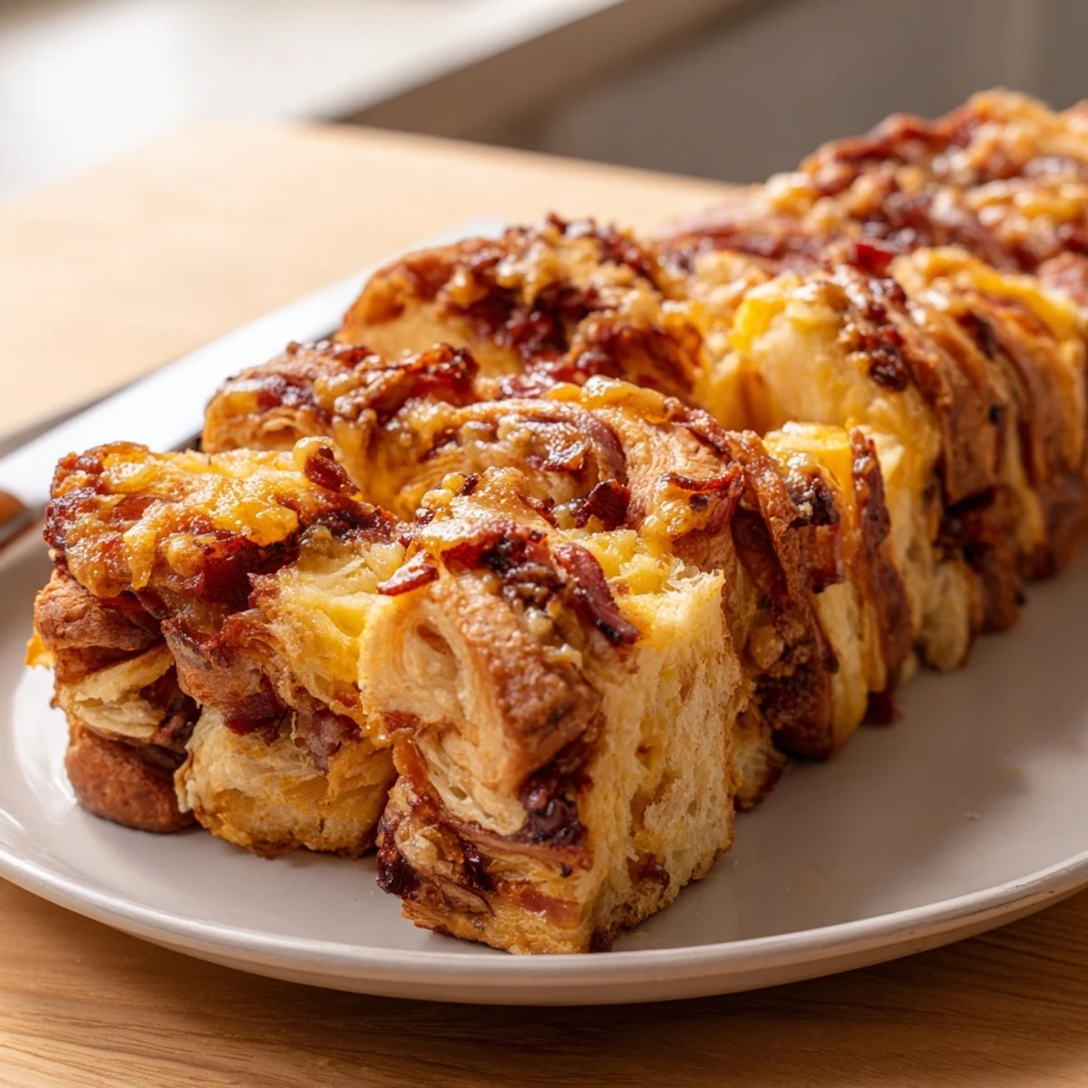 Flaky maple bacon croissant loaf drizzled with syrup, perfect for brunch gatherings.  
