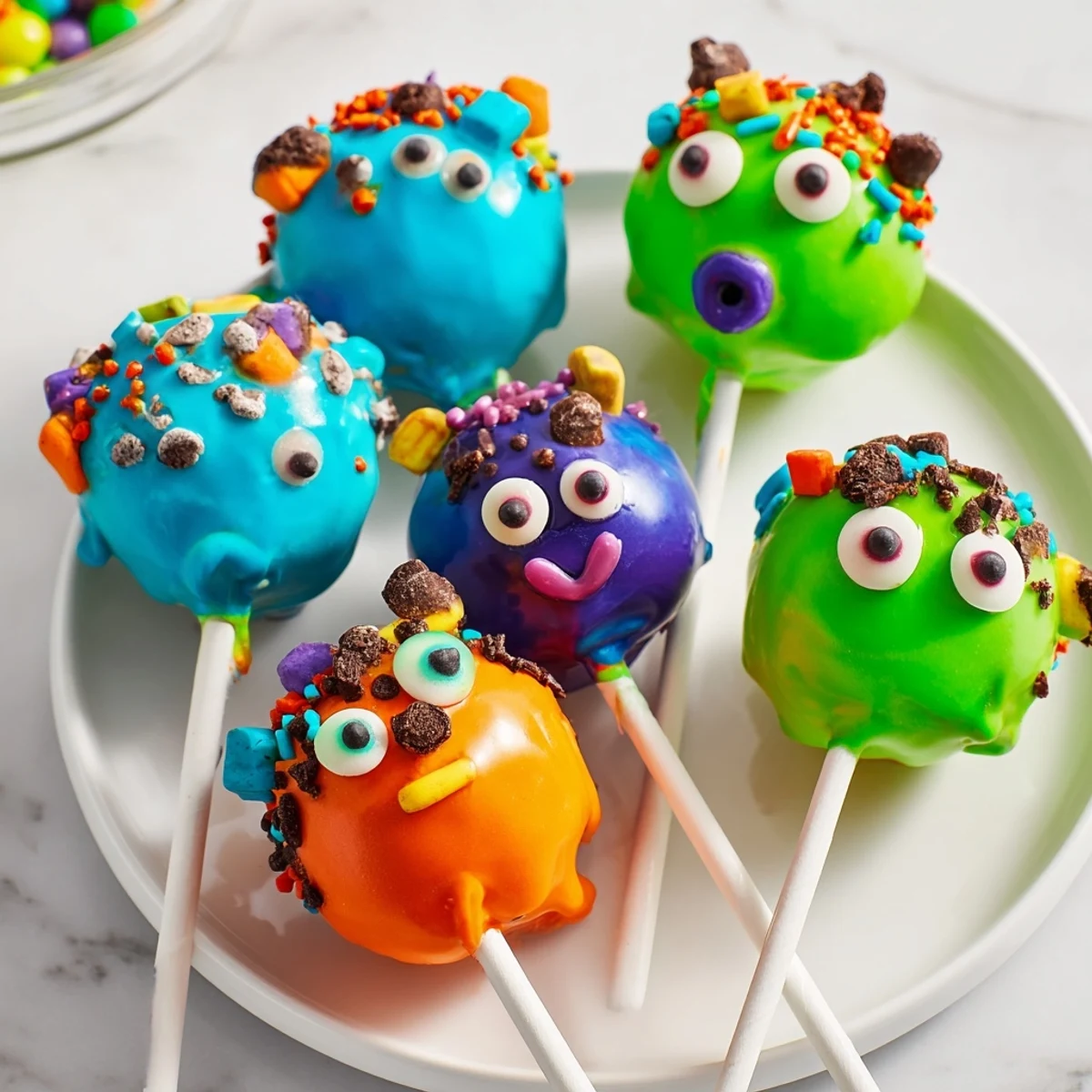 Whimsical Silly Monster Cake Pops adorned with colorful sprinkles and candy eyes.  