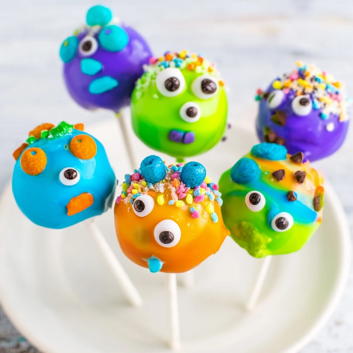 Brightly colored Silly Monster Cake Pops featuring playful decorations for kids' events.