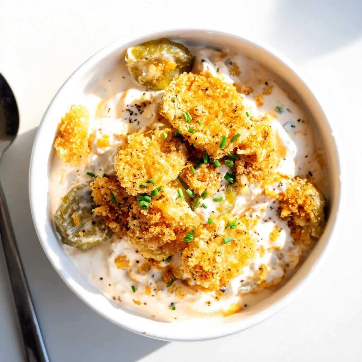 Creamy Honey Butter Fried Pickle Dip served with crispy chips and fresh veggies.  