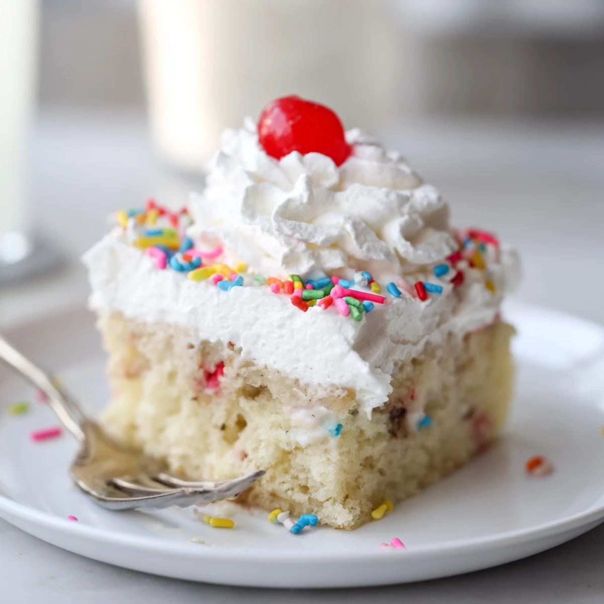 Classic Soda Float Sheet Cake topped with creamy frosting and vibrant maraschino cherries.  