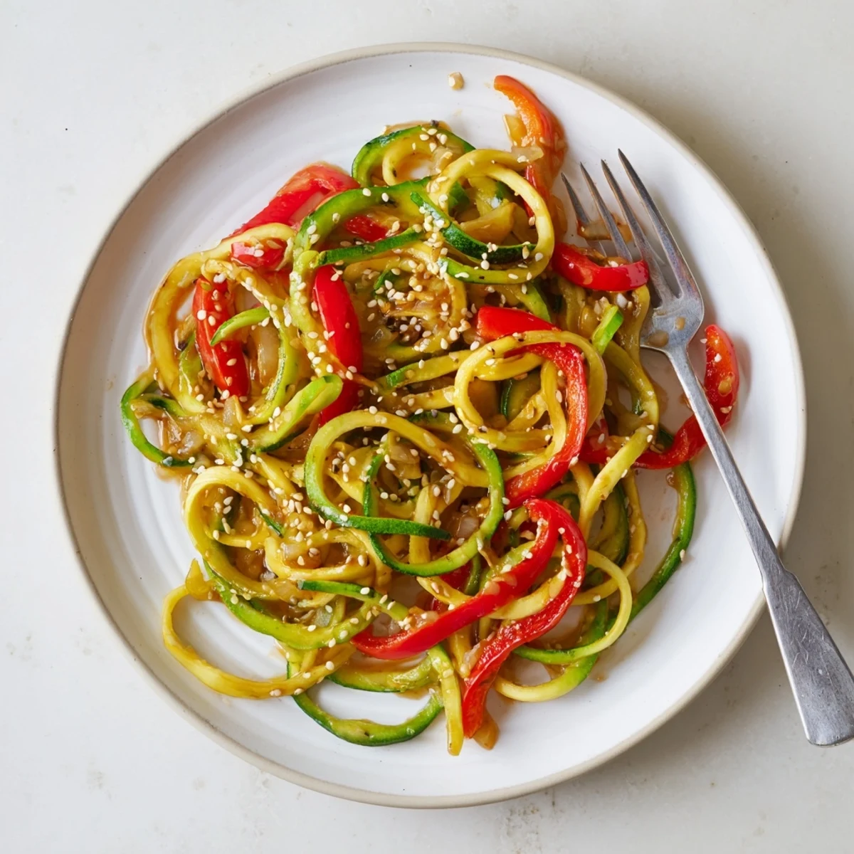 Delicious zucchini noodle stir-fry, vibrant bell peppers and garlic sautéed together.  