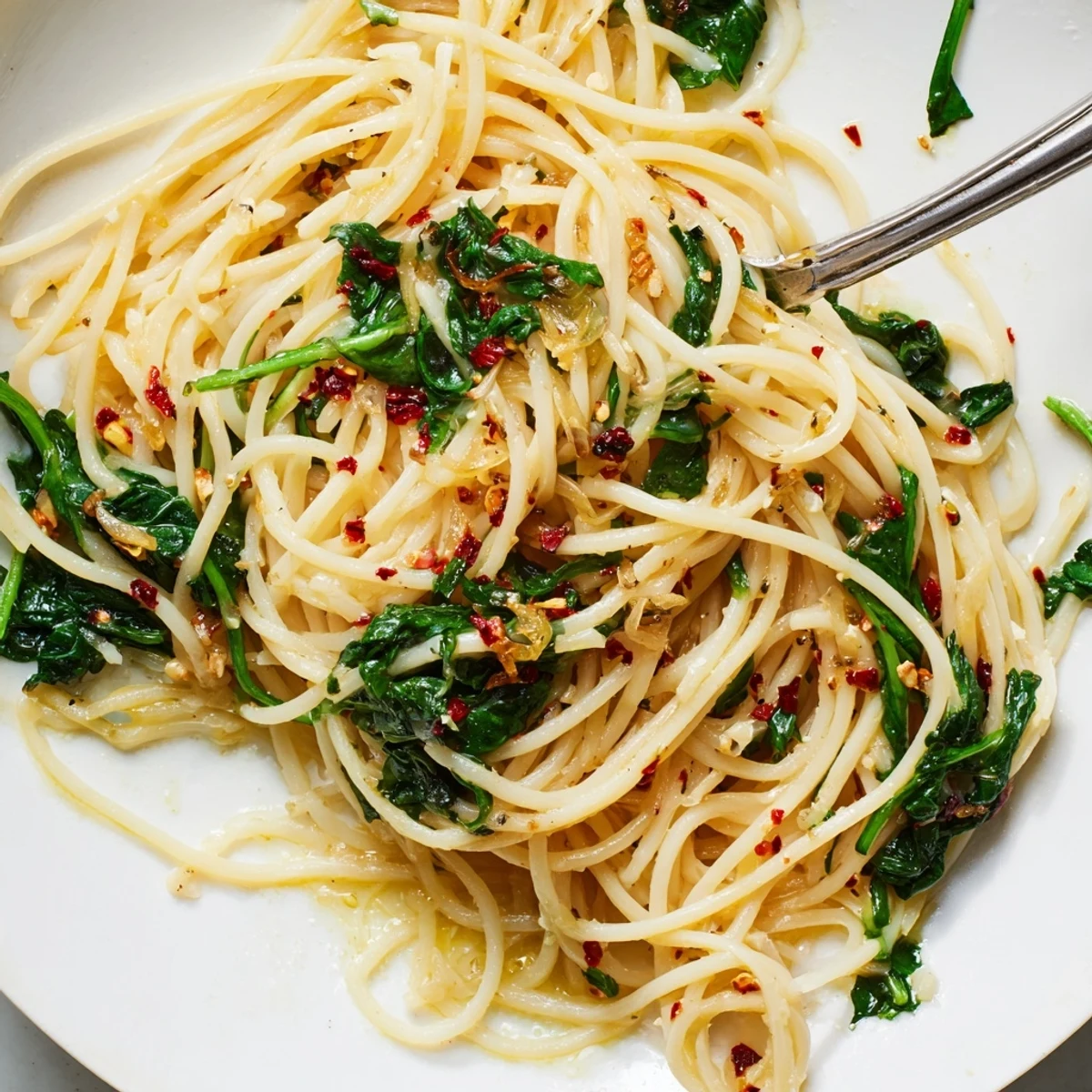 Deliciously simple Spaghetti Aglio e Olio adorned with fresh wilted spinach leaves.  