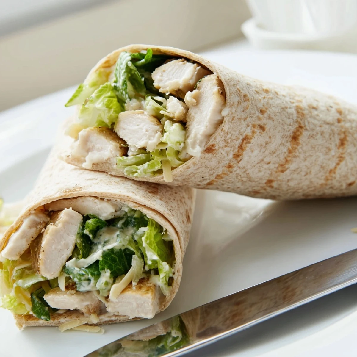 Sliced Healthy Chicken Caesar Wraps resting on a wooden cutting board, awaiting lunch enjoyment.  