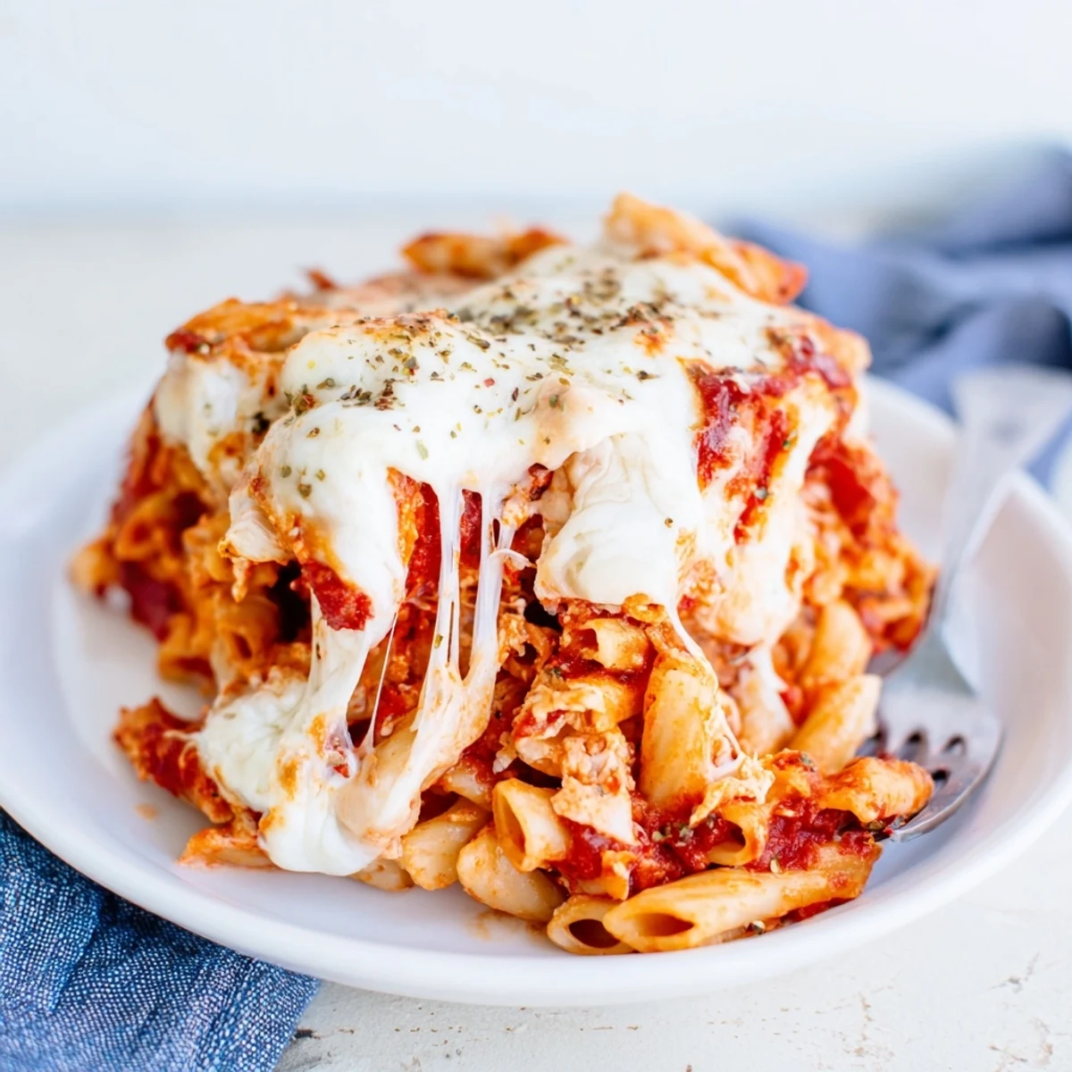 A delicious serving of Easy Baked Ziti, layered with melty mozzarella and rich marinara.  