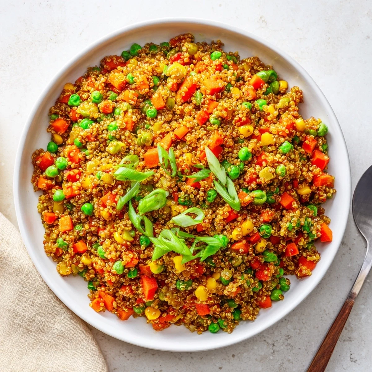 A vibrant Veggie Fried Quinoa dish topped with fresh green onions and colorful vegetables.  