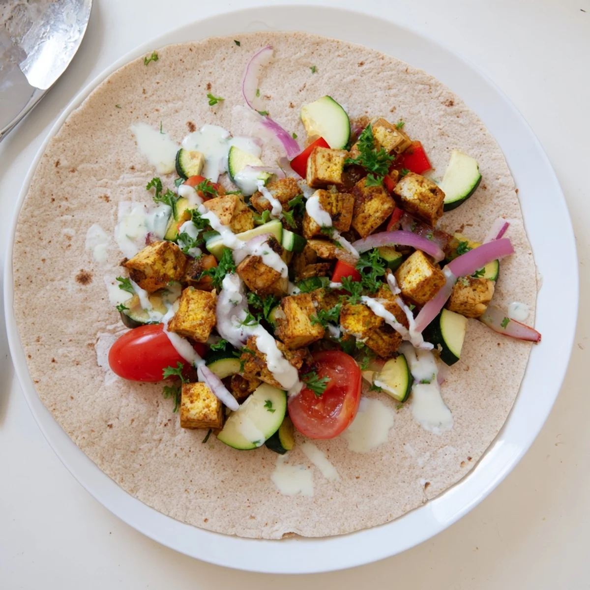 Vegan Viral Recipe Re-make with roasted tofu and colorful vegetables in whole wheat wraps.  
