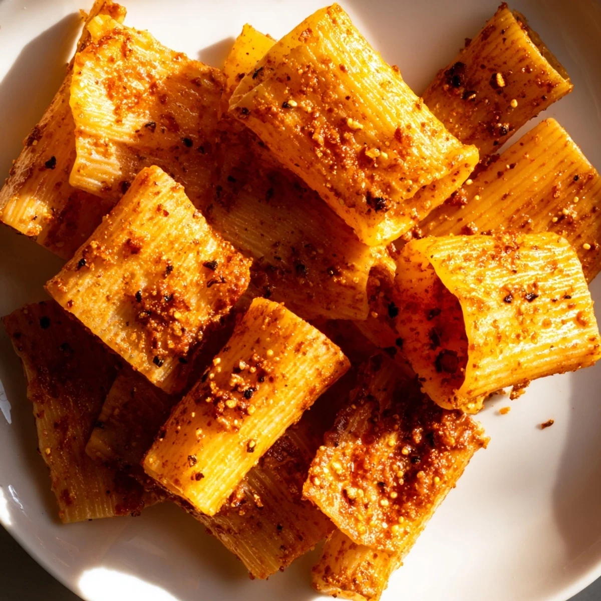 Crispy pasta chips seasoned with garlic and paprika, perfect for savory snacking.  