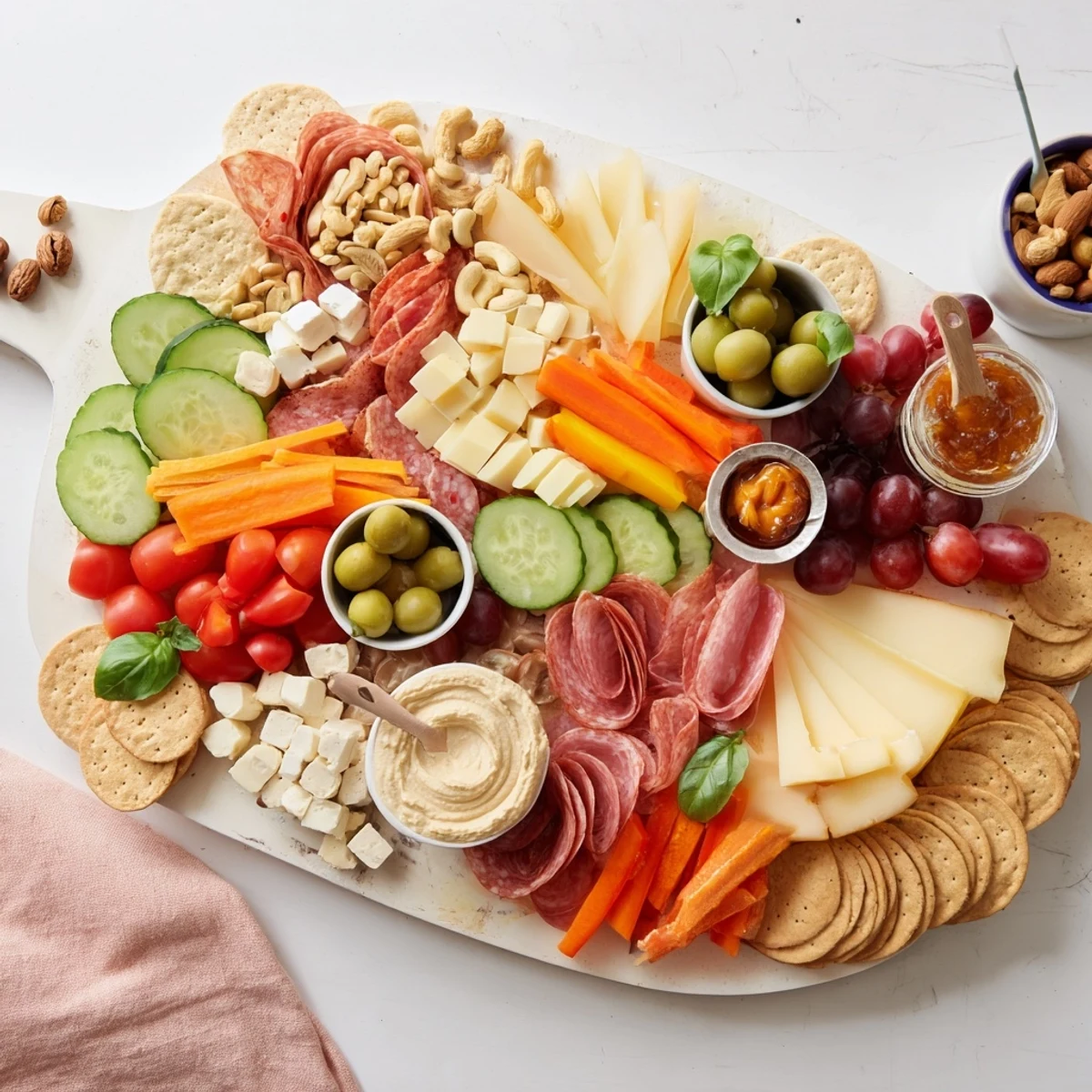 A colorful Girl Dinner Platter showcasing fresh cheeses, fruits, and crunchy snacks.  