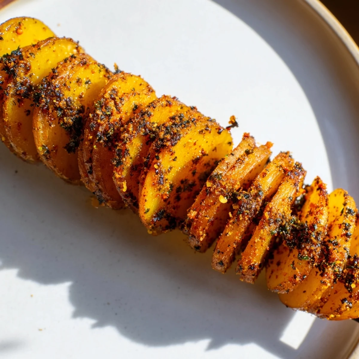 Crispy Air-Fryer Tornado Potatoes, seasoned spirals served on skewers for snacking.  