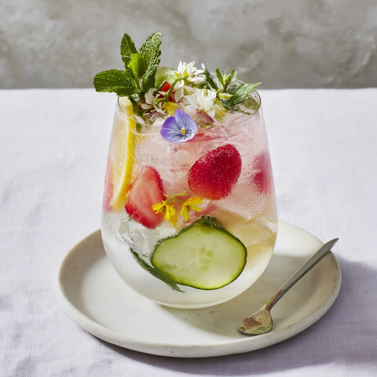 Chilled, hydrating mocktails display lemon slices and strawberries for a fresh twist.