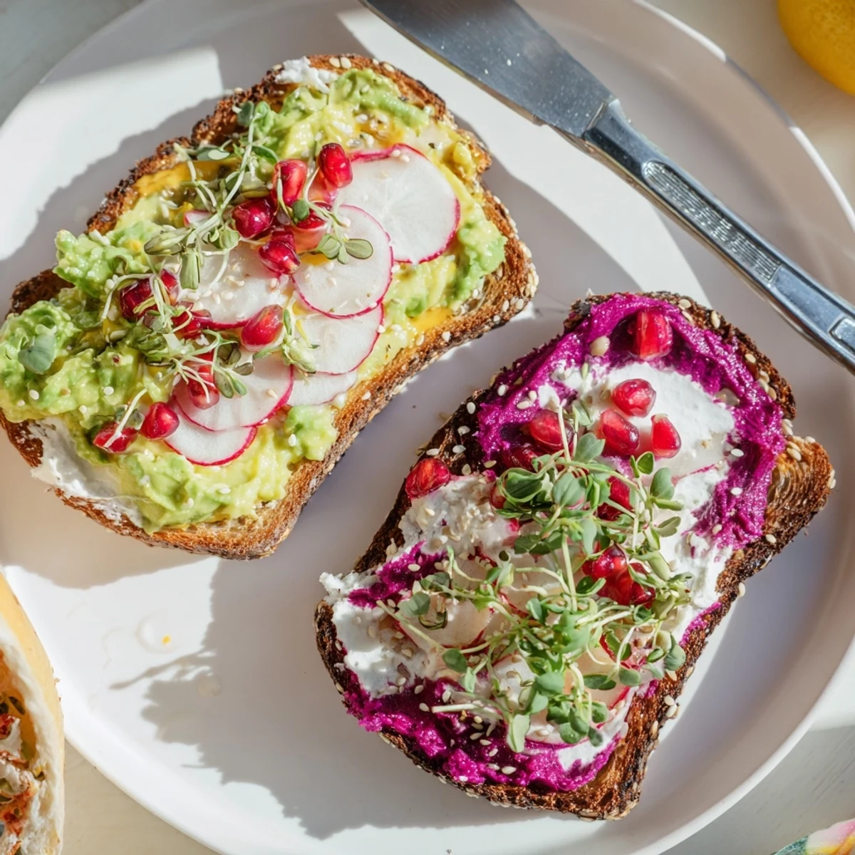 Colorful breakfast toasts featuring avocado, radishes, and pomegranate for a delicious start.