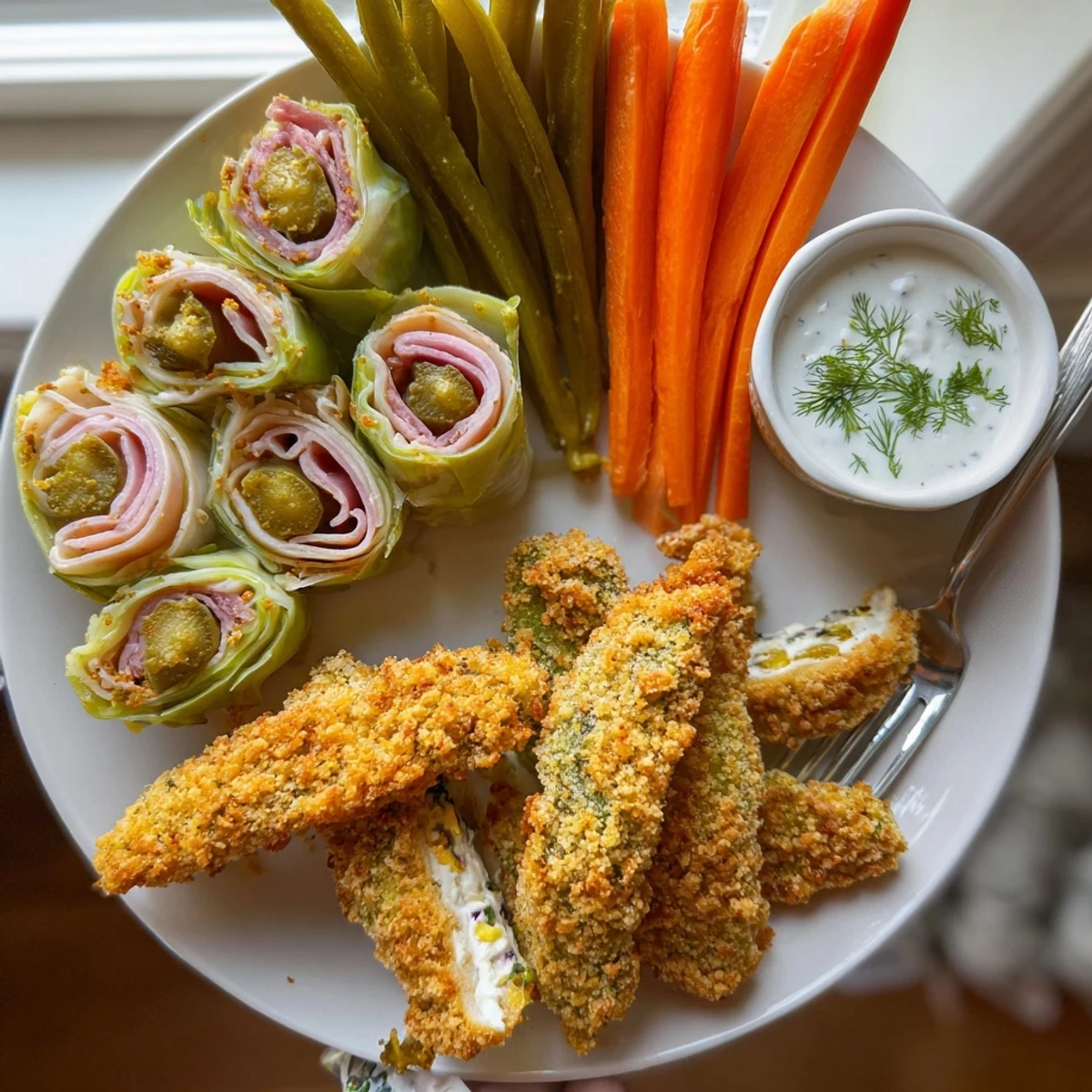 Crispy fried pickles served with tangy dipping sauce and fresh pickled vegetables.  