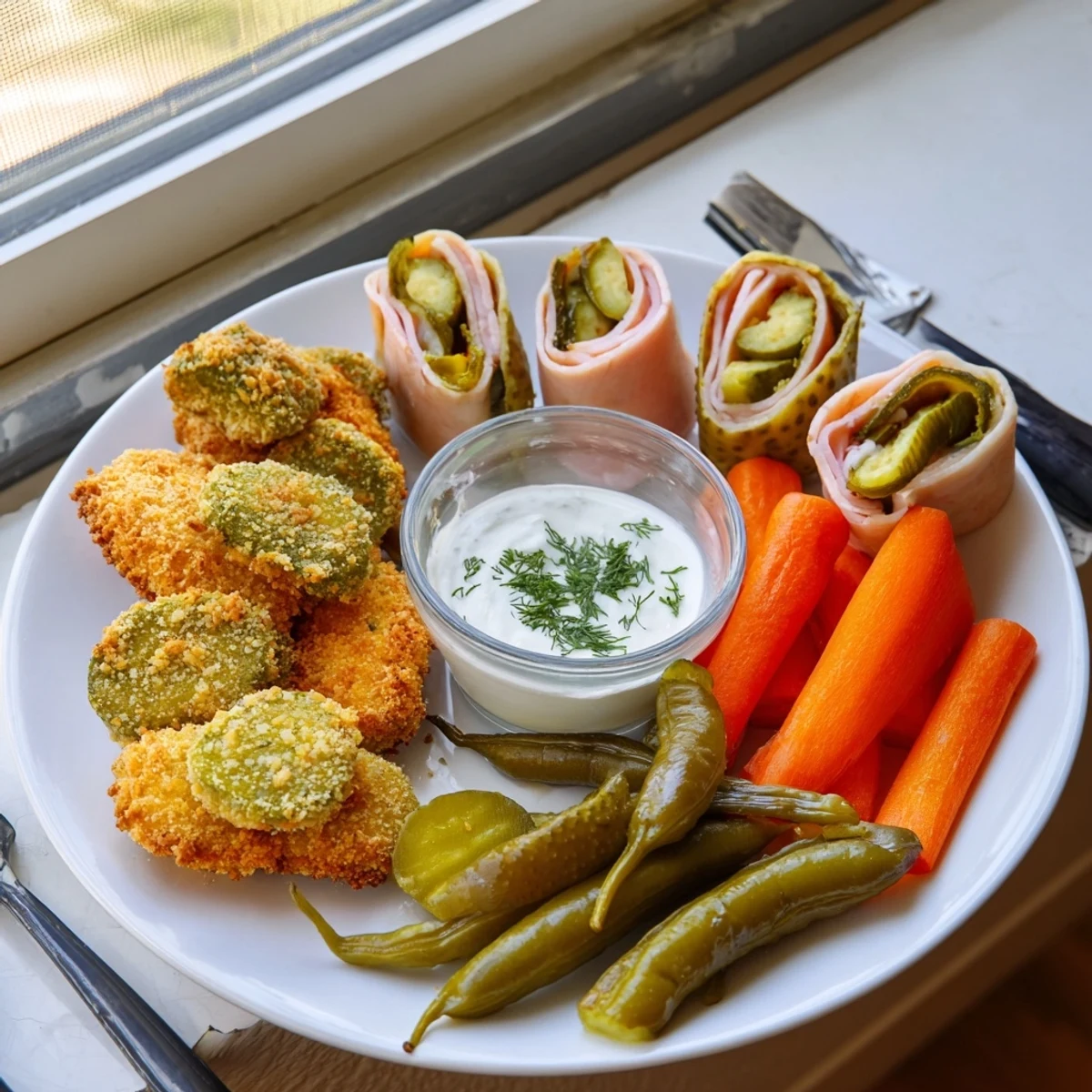 A delightful platter of crunchy fried pickles and savory pickled-wrapped bites.  