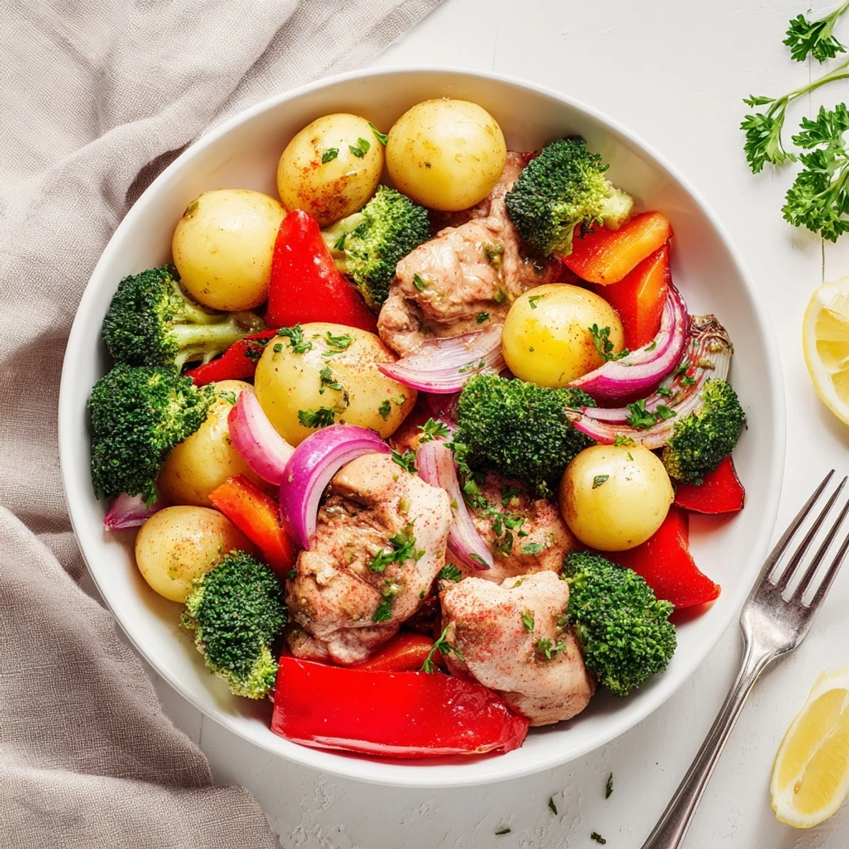 Succulent Lazy Gourmet Chicken & Vegetable One-Pot, served with fresh parsley and lemon wedges.  