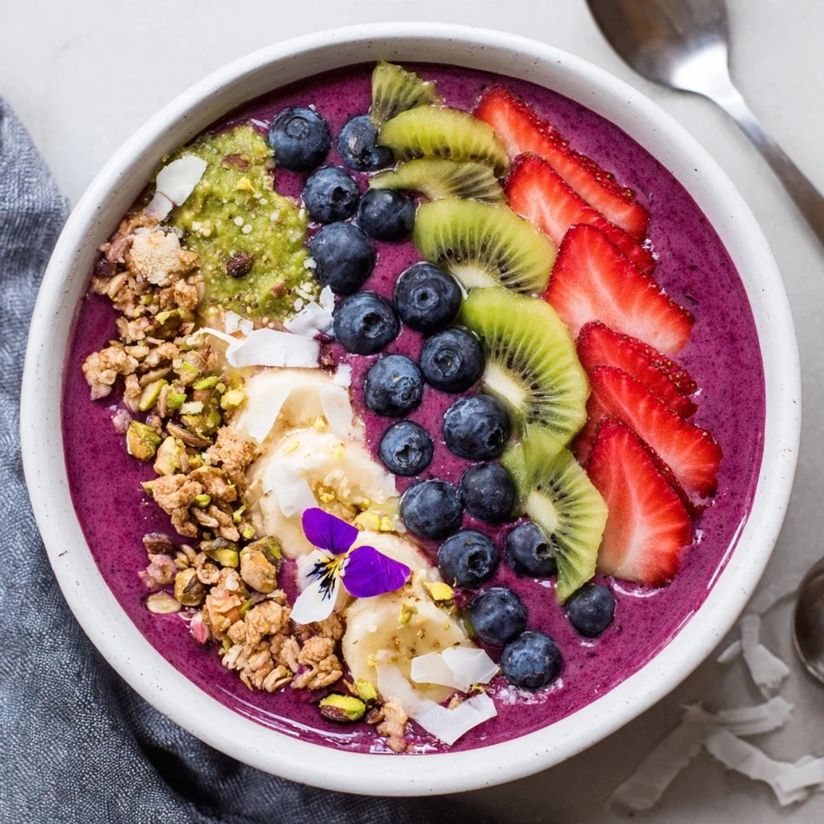 Vibrant smoothie bowls featuring pistachio and purple yam, topped with fresh fruits.  