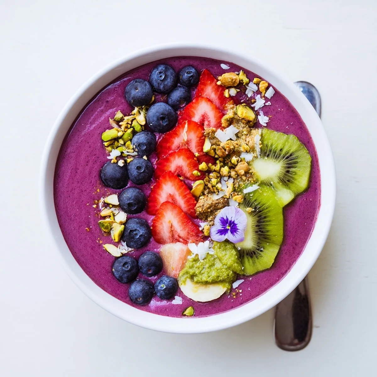 A colorful breakfast of smoothie bowls with kiwi, berries, and crunchy toppings.  